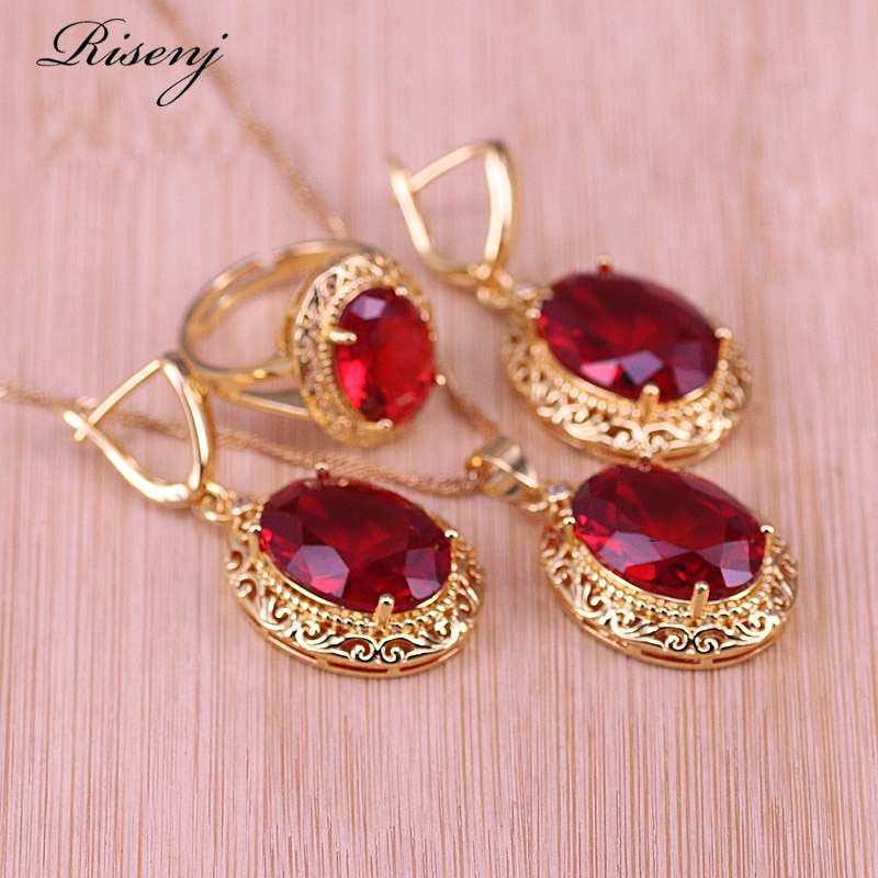 Risenj Dubai Luxe Stijl Vele Kleuren Grote Rode Steen Goud Kleur Sieraden Voor Vrouwen Verstelbare Ring Ketting Set