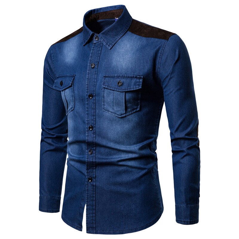 Dongeriskjorte herre langermet herre casual bomull jeansskjorte slim semsket matchende herre solide lommeskjorter topper chemise homme: Midtblå / Xl