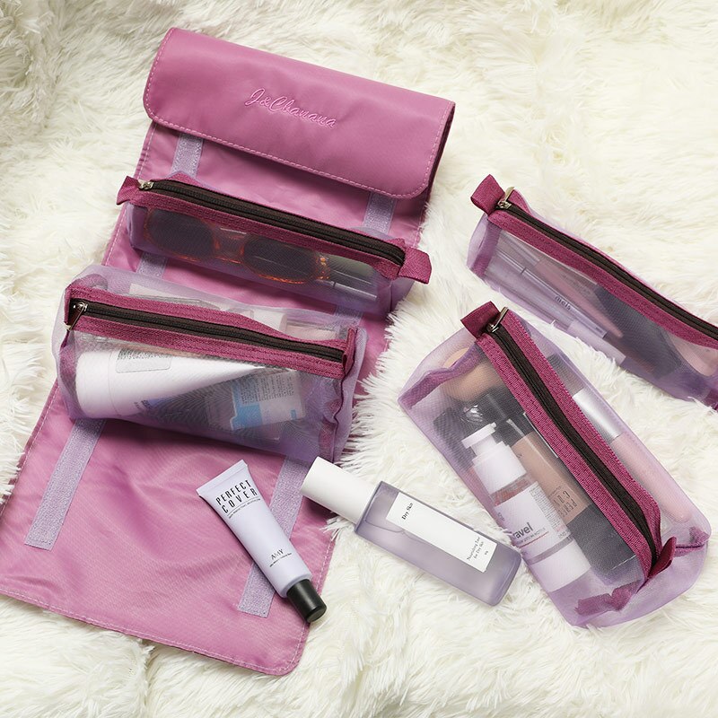 4 Stuks In 1 Cosmetische Tas Voor Vrouwen Rits Mesh Scheidbare Cosmetica Pouch Dames Opvouwbare Nylon Tas Touw Make-Up Tas kosmetyczka