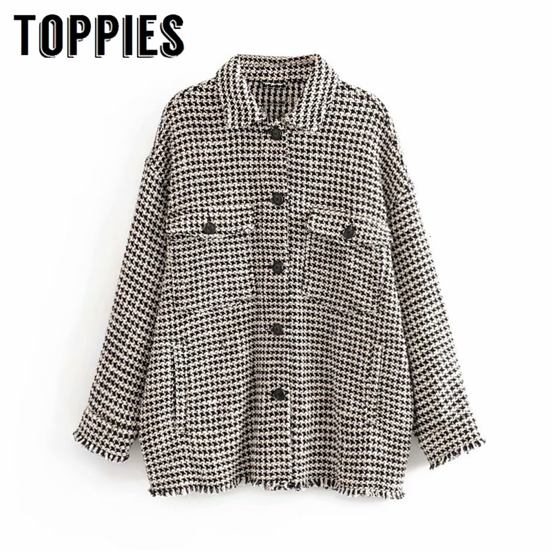 Twill tweed jakke dame vintage enkeltradet kvast frakke europæisk houndstooth jakke plus size oversize frakke