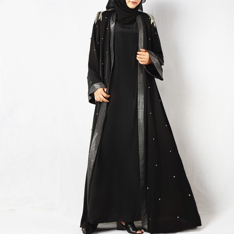 Lyxig klockärm axelkudde öppning svart modell abaya i dubai kimono med pärlpärlor snabbt: S
