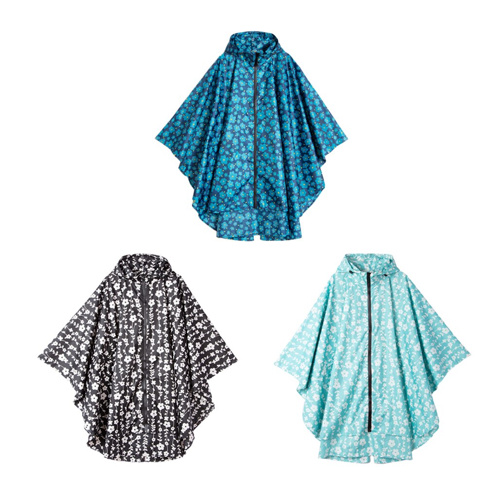 Women Men Flower Printed Raincoat Poncho Hooded Waterproof Jacket