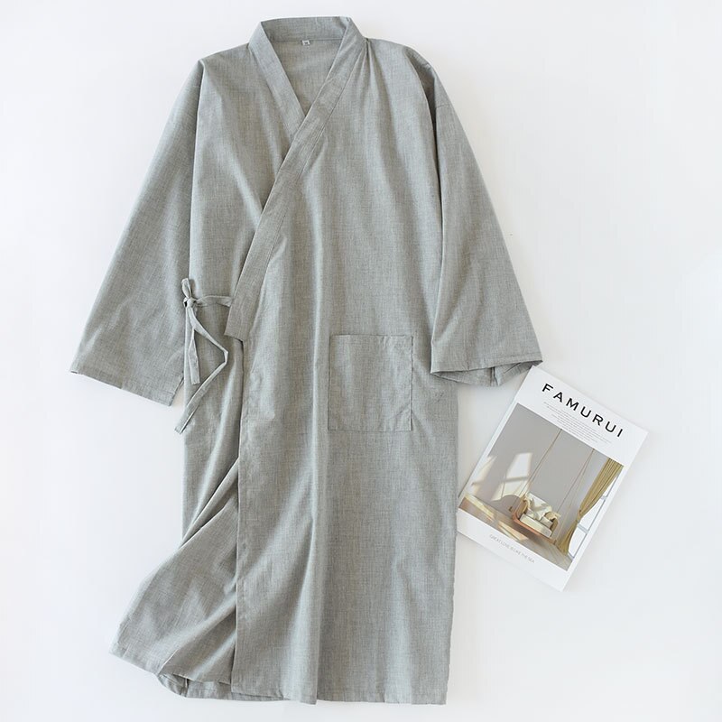 Multicolor Men's Cotton and Linen Bathrobe for Spring and Summer Solid Color Kimono Robe Home Bath Men Clothes: 3 / M