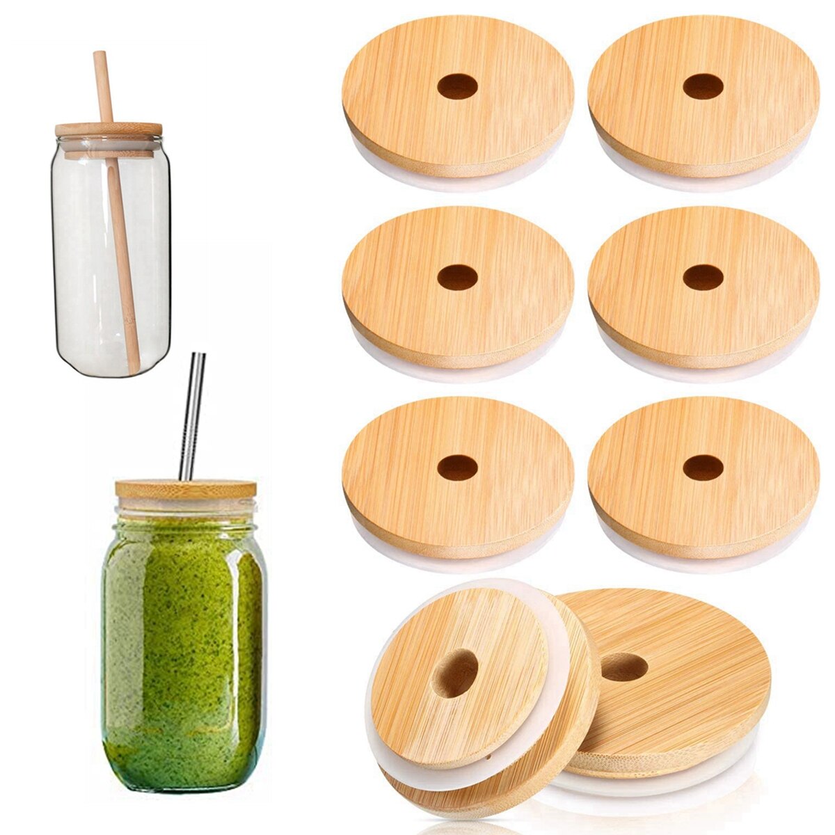 8Pcs 62/68/70/86mm Bamboo Lids for Mason Jars Wooden Jar Lids Reusable Bamboo Caps Lids with Hole for Coke Cup Drinking Glasses