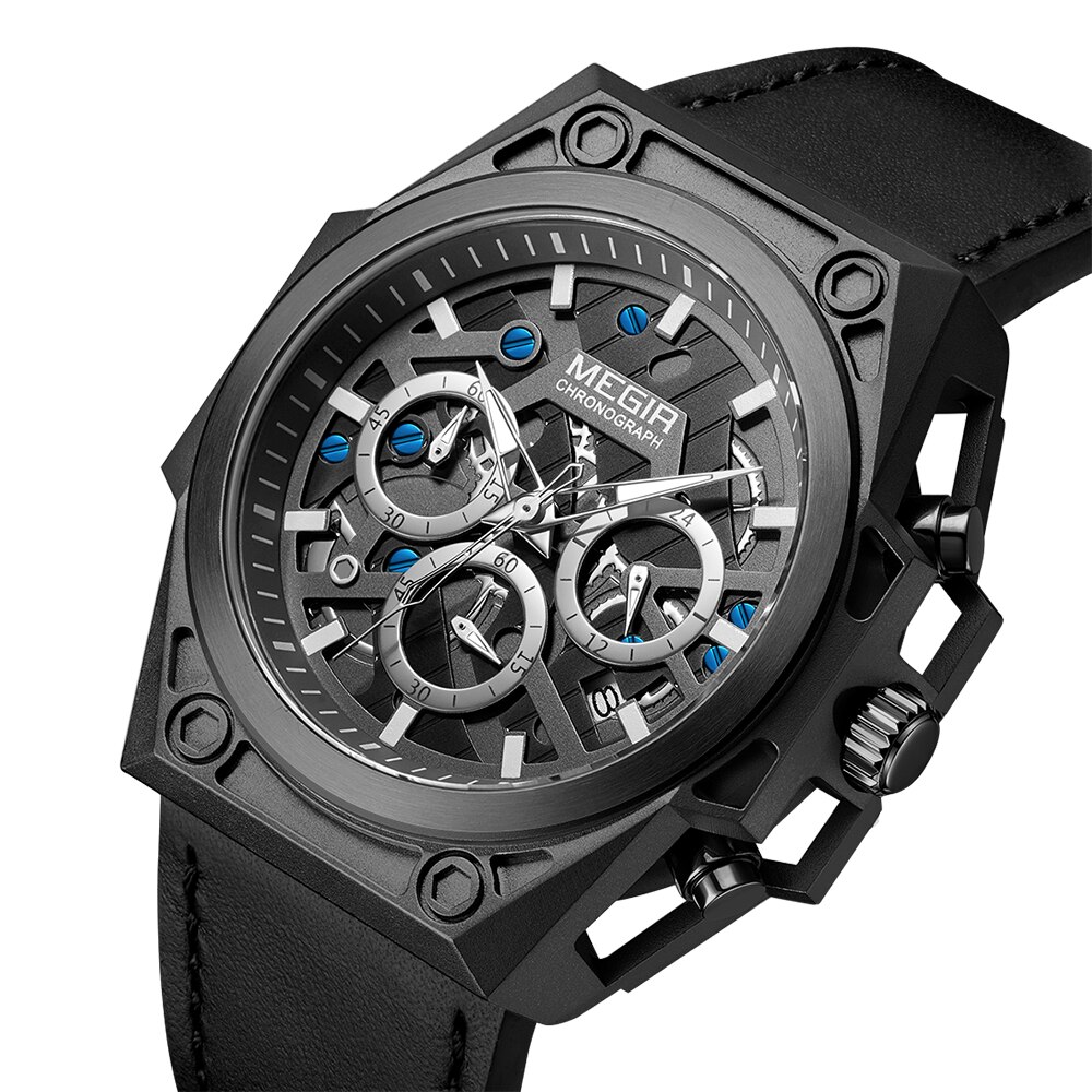 Megir Mannen Quartz Horloge Man Met Rvs Case Sport Heren Horloges Chronograaf Waterdicht Mannen Quartz Horloges: Whole black