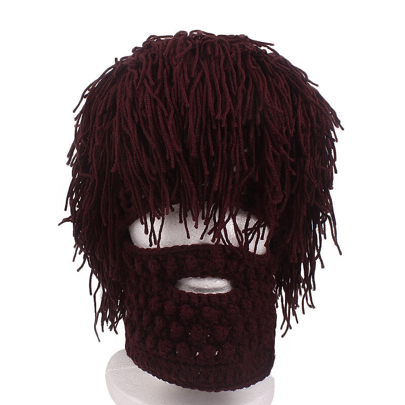 Vinter män handgjorda peruk skägg hattar virka mustasch sticka halloween fest roliga kepsar ansikte tofs cykel mask varm mössa: Kaffe