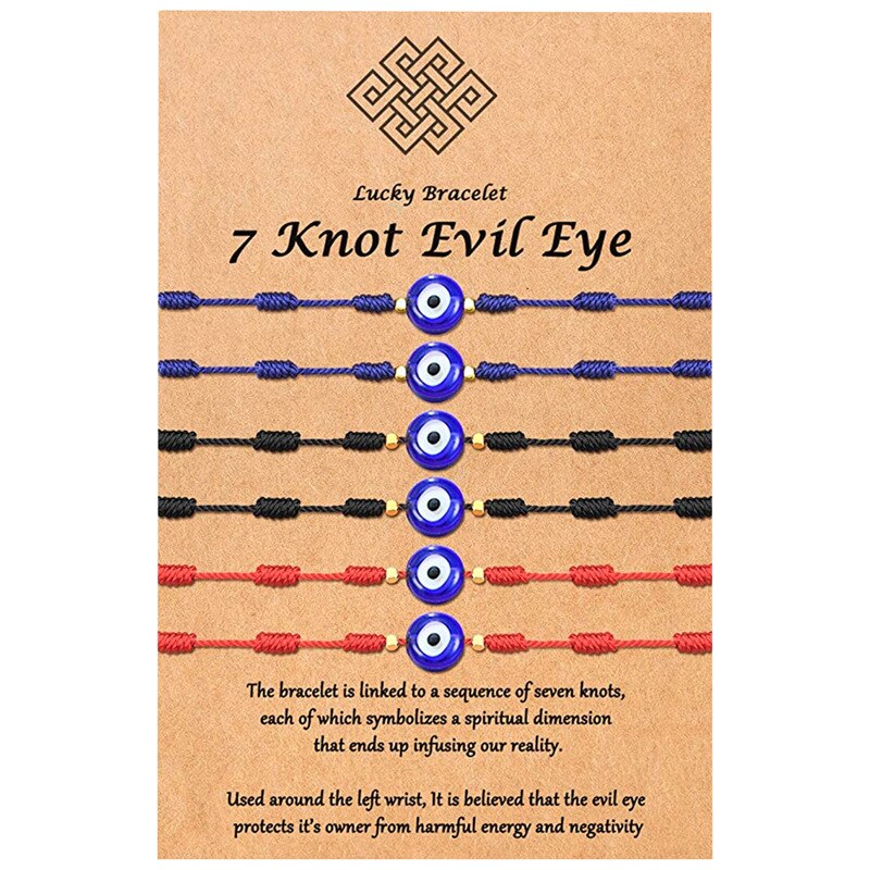 Pulsera Vintage hecha a mano de siete nudos para hombre y mujer, amuleto rojo trenzado de la suerte, azul, para el éxito y la prosperidad: 6pcs Evil Eye 7 Knot