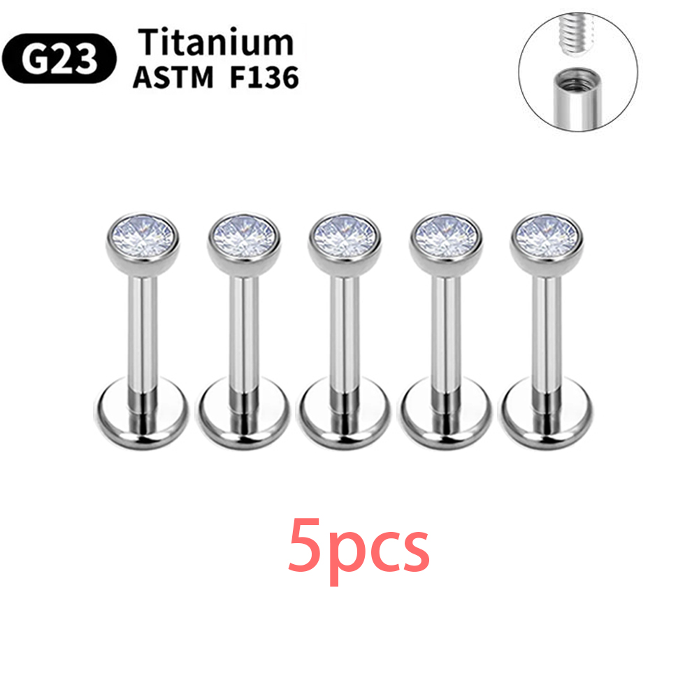 5/50 Uds G23 Ttianium Piercing Labret labio Stud 16G hilo interno pendiente oreja Nasal clavo Tragus cartílago hélice Daith cuerpo: Blanco / Rodio plateado