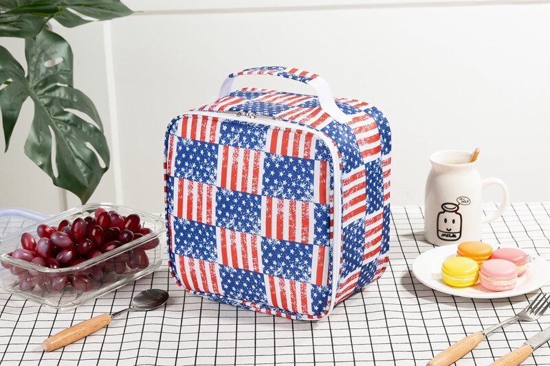 Heopono Full Cartoon Printed Polyester Thermal Insulated Cooling Box Bag Fitness BPA free Promotional Unique Printed Lunch Bag: Stars Stripes