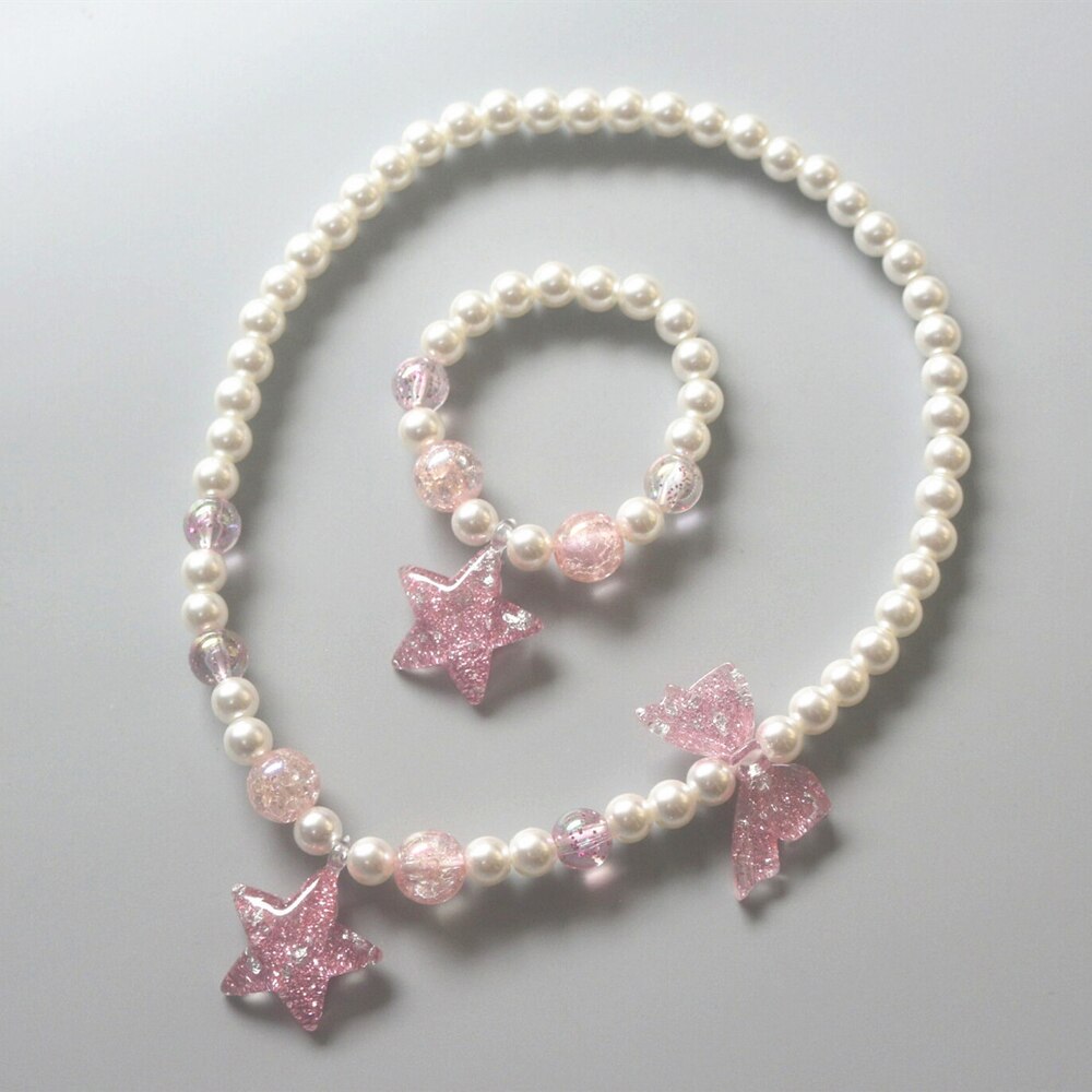 Børn perle halskæde armbånd sæt børn glitter hjerte stjerne vedhæng halskæde piger prinsesse perle legetøj børn & #39 ;s smykker: Stjerne rose rød