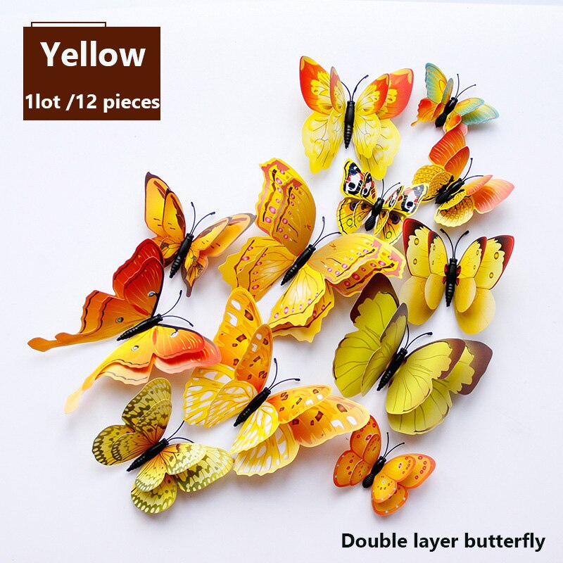 12 pièces/lot multicolore papillon Stickers muraux Double couche 3D bricolage papillons Stickers muraux pour décor à la maison salon: YELLOW