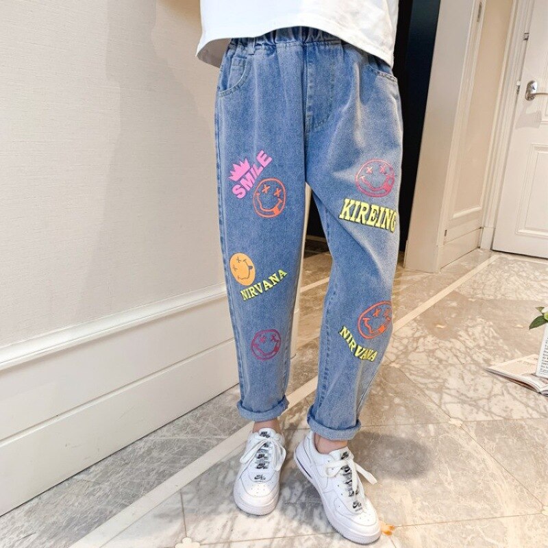 Pantalones vaqueros con Graffiti y nubes para niña, pantalón holgado, con personalidad, para estudiantes