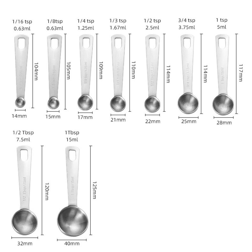 Cucharas de medición de acero inoxidable para líquidos secos, herramientas para 304, 1/16, 1/8, 1/4, 1/3, 1/2, 1, 3/4, bsp, se adapta a tarros de especias, 9 Uds., 11 Uds.