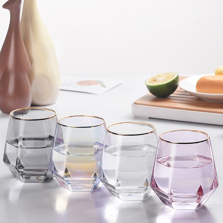 Vasos de cristal de estilo nórdico con forma de diamante para whisky, vasos de agua con borde dorado, 280ml,