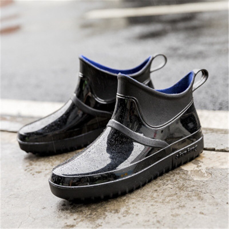 Men's PVC Waterproof Ankle Rainboots Rubber Non-slip Car Wash Kitchen Work Shoes Platform Male Booties zapatos de hombre: Black / 8