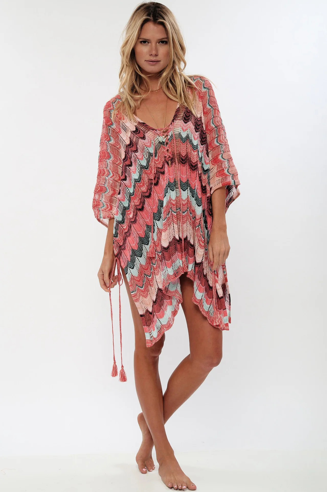 Cotton Crochet Tunic Mini Dresses Women Cover Up Bikini Sexy Hollow Out Deep V Neck Lace-Up Summer Vestidos Boho Beach Robe: Pink