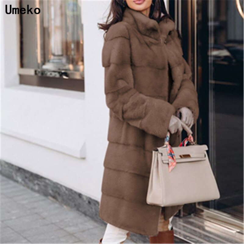 Umeko Elegante Effen Faux Vos Bontjas Vrouwen Winter Mode Medium Kunstmatige Vos Bontjas Vrouw Warm Nep Vos Bont jassen Vrouwelijke