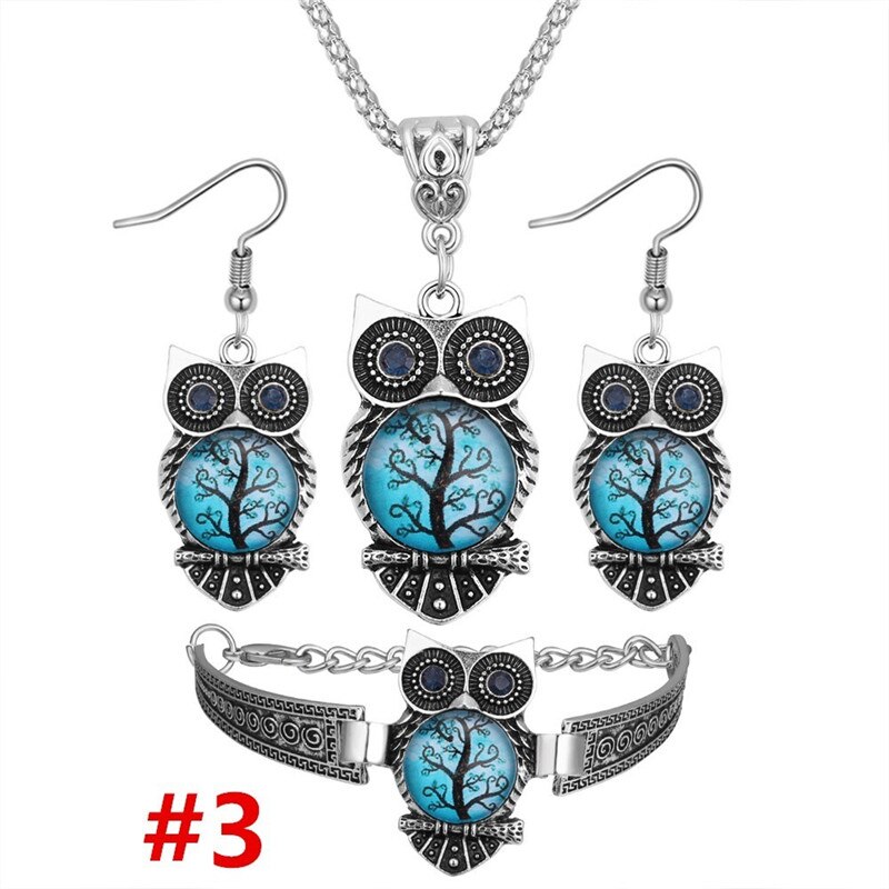 Boho Vrouwelijke Kristal Sieraden Set Charm Zilver Kleur Dangle Earring Voor Vrouwen Vintage Uil Armband Bruiloft Collier: 03