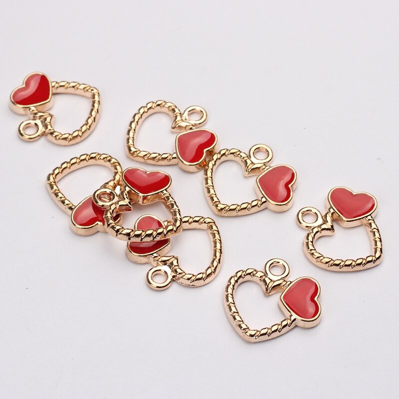 Liga de zinco ouro esmalte encantos coração vermelho 18mm 10 pçs/lote para diy moda jóias fazendo encontrar acessórios: Default Title