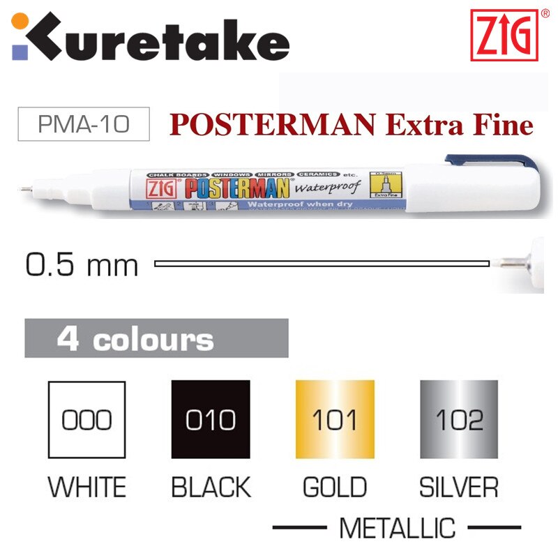 ZIG Posterman-rotuladores de tiza impermeables metálicos Kuretake, 0,5mm, rotuladores para carteles, bolígrafos PMA-10, color plateado, dorado, japonés