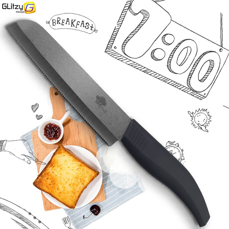 Keraaminen veitsi 4 5 6 tuuman zirkoniumoksidista valmistettu musta terä leipä sahalaitainen veitsi viipalointi keittiöveitset työkalut värikäs kahvasetti  of 3