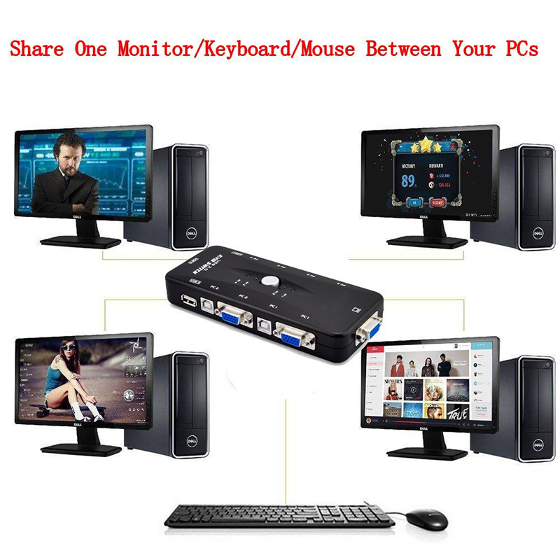 1set 4 KVM Switch Cables+ Hub 4 Port USB 2.0 KVM VGA/SVGA Switch Box Adapter Connects Printer keyboard Mouse