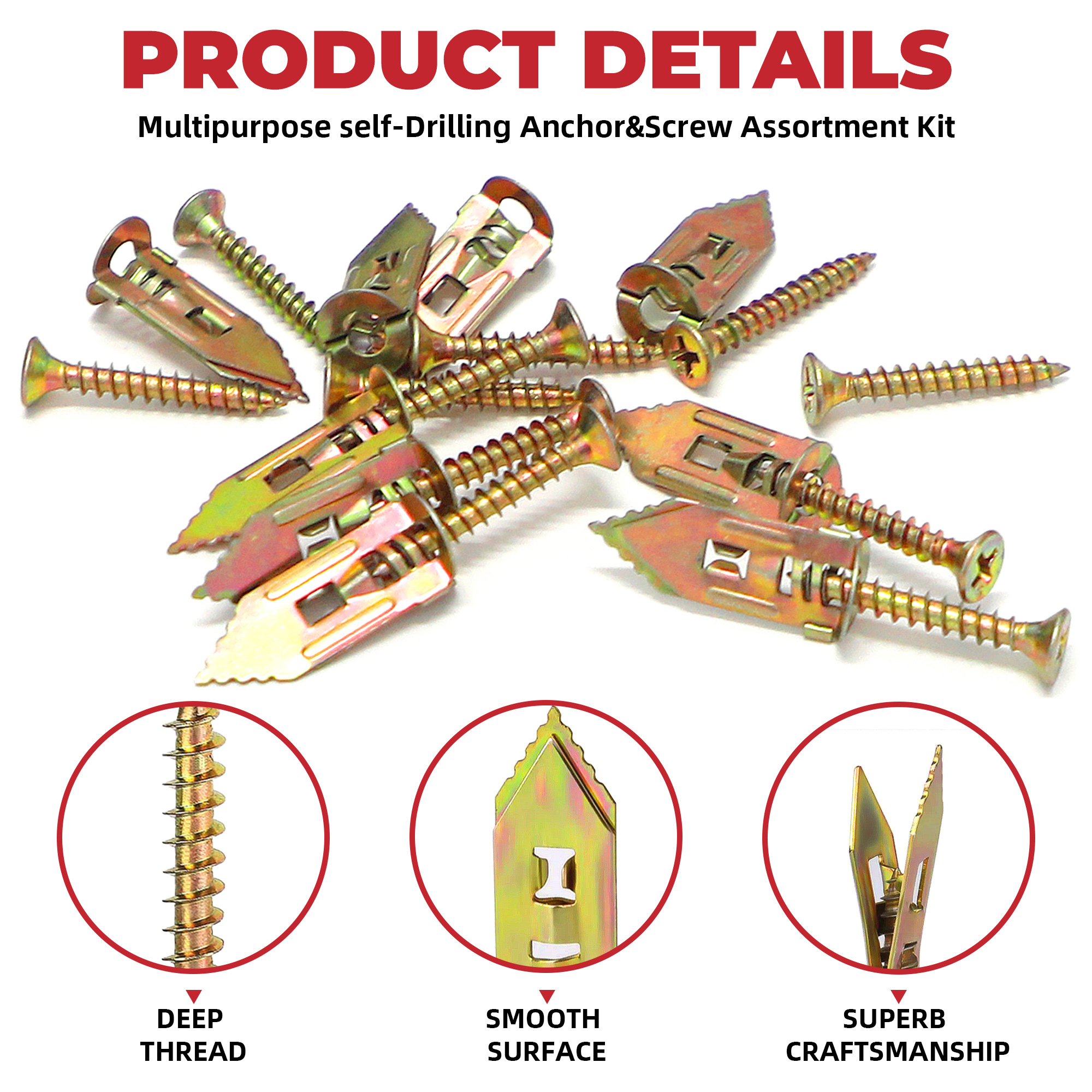 30/60/100 sæt selvborende gipsankre med skruer og  a 30mm længder gipsudvidelsesskrue til gipsanker