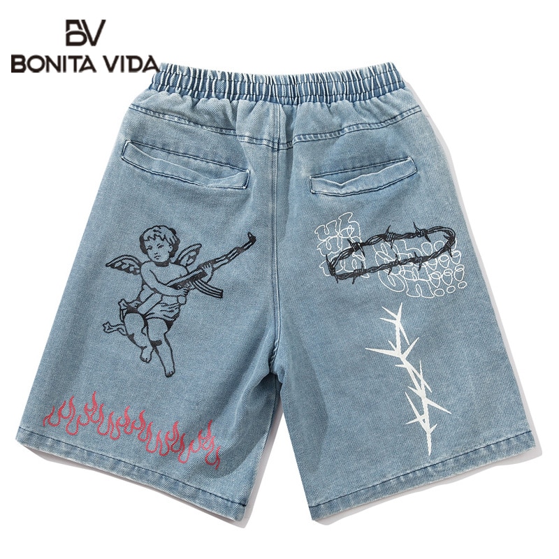 Hip Hop Angel Gun Graffiti Fire Flame Print Men Denim Shorts Streetwear Harajuku Elastic Waist Short Jeans Pants