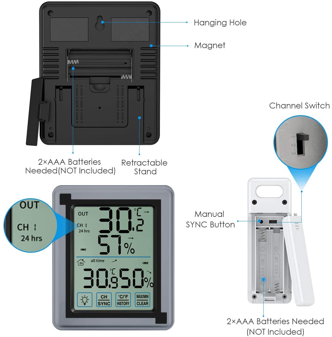 Trådløst termometer digitalt hygrometer termometer indendørs udendørs med 3 sensorer fugtighedsmonitor touchscreen baggrundsbelysning