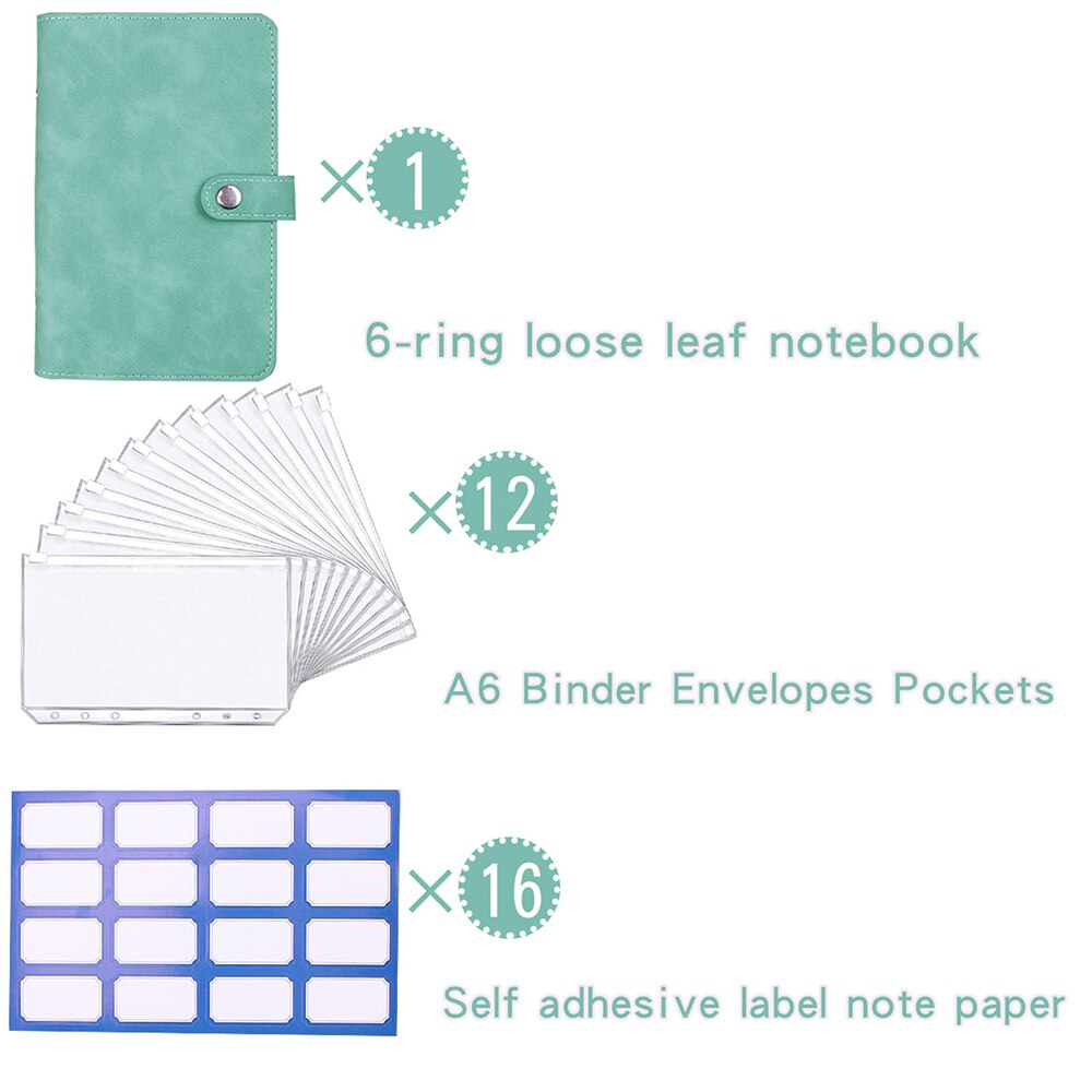 Colourful A6 Notebook Binder Kit PU Leather Diary Agenda Planner Budget With Zippered Envelopes Label Sheet School Stationery: Green