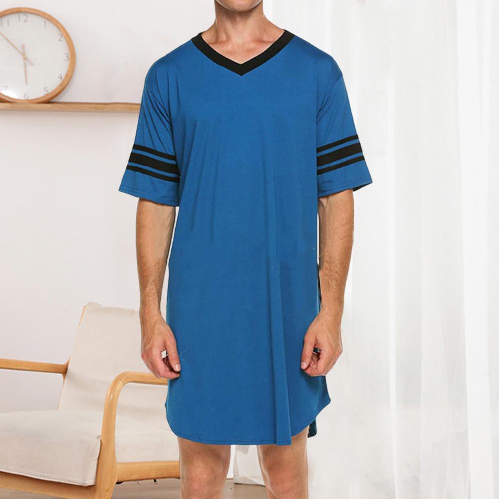 Mannen Loungewear Contrast Kleur Mannen Zomer Lang T-shirt Gestreepte Print Slaapkleding Mannen Badjas Slaap Jurk Homewear Gewaad