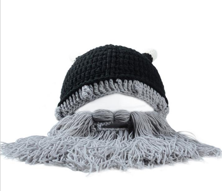 COKK Funny Man Vikings Beanies Knit Cap Beard Ox Horn Hats Handmade Knitted Men's Winter Hats Warm Caps Women Party Mask: Gray