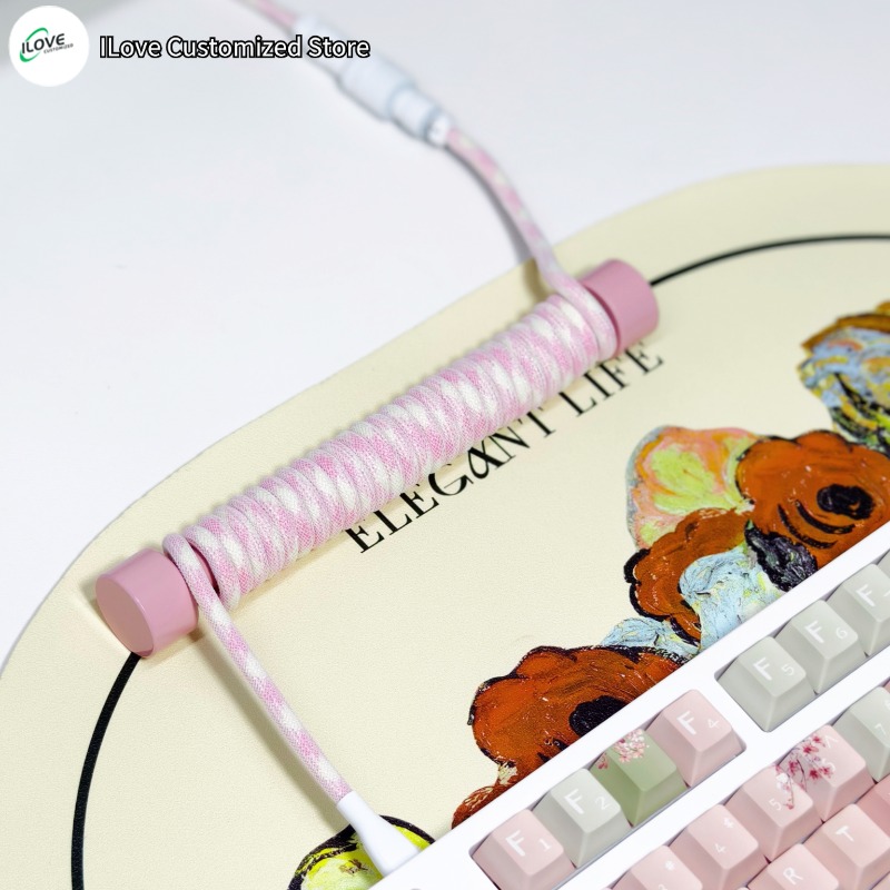 Coiled Keyboard Cable USB C + Protection Rod for Mechanical Gaming Keyboard Double-Sleeved Wire with Detachable Metal Aviator