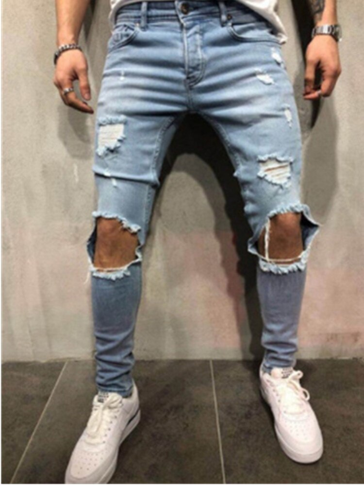Streetwear Homme jean Vintage bleu gris couleur maigre détruit déchiré jean cassé pantalons décontractés Homme Hip Hop jean Homme