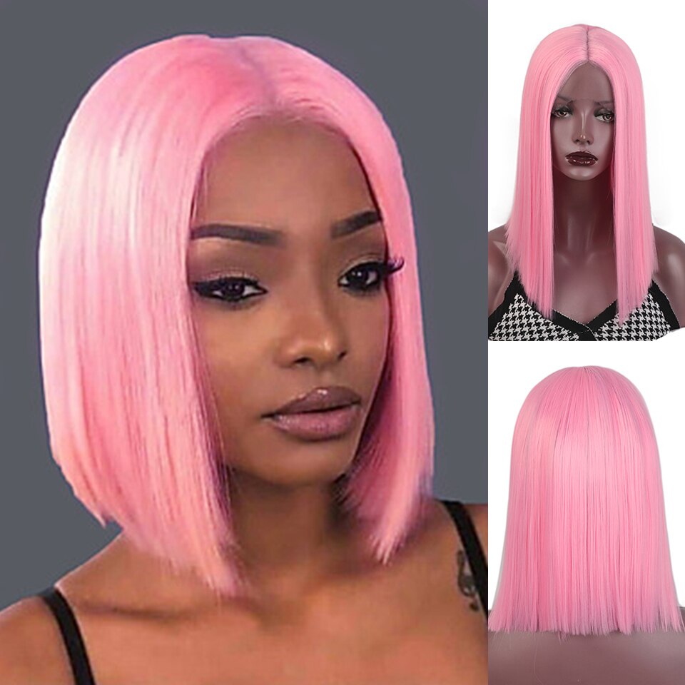Ik Een Pruik Korte Rechte Synthetische Lace Front Pruik Blonde Roze Zwart Kant Pruiken Voor Zwarte Vrouwen Natuurlijke Pruiken: pink