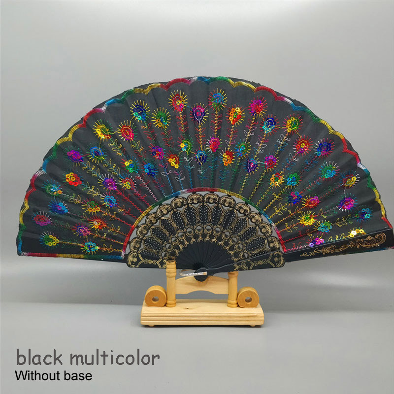 Art Folding Tail Feather Plastic Bone Sequins Carved Hand Fan Summer Accessory Crafts Print Home Decor Embroidery