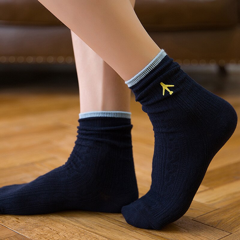 Embroidery Aircraft Airplane Women Men Business Dress Cotton Crew Socks Brand Novelty Funny White
