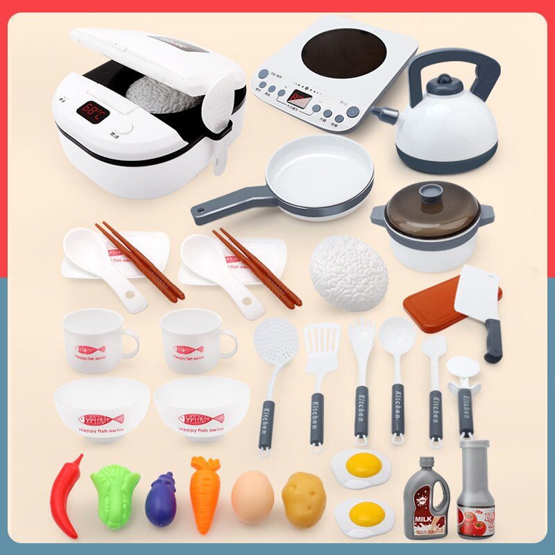 Children Play House Kitchen Toys Simulation Kitchenware Early Education Learning Kit Girl Cooking Rice Cooker Toy Kid's Kitchen: white 39