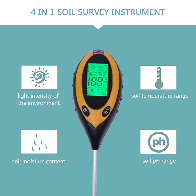 4 in 1 Digital Soil PH Meter LCD Soil Temperature Humidity Measuring Device Moisture Sunlight PH Tester Thermometer For Soil