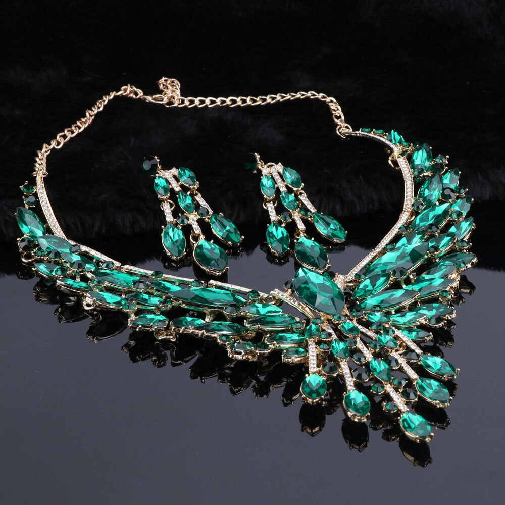 Crystal Bridal Jewelry Sets Wedding Party Costume Accessory Indian Necklace Earrings Set for Bride GorgeousJewellery Sets Women: Gold-color