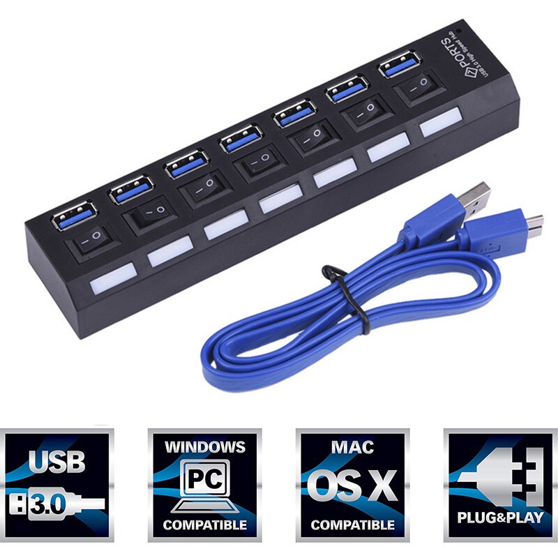 7 Port USB 3.0 Hub With Individual LED Power Switches For Macbook Pro Air Computer PC Laptop Accessories Cable Splitter Adaptor