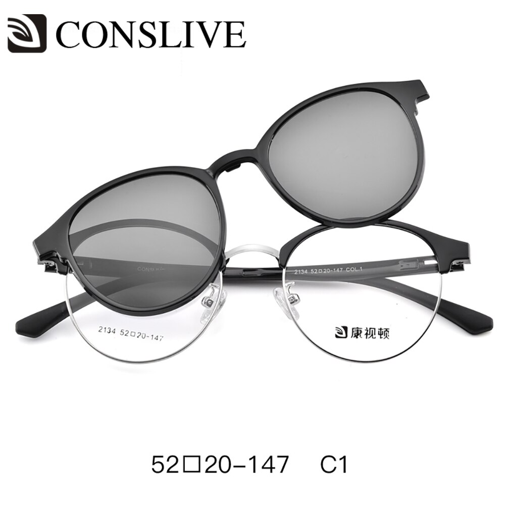 2 in 1 Eyeglasses with Clip on Sunglasses Women Glasses with Magnetic Sunglasses Round Glasses with Lenses 2134: C1
