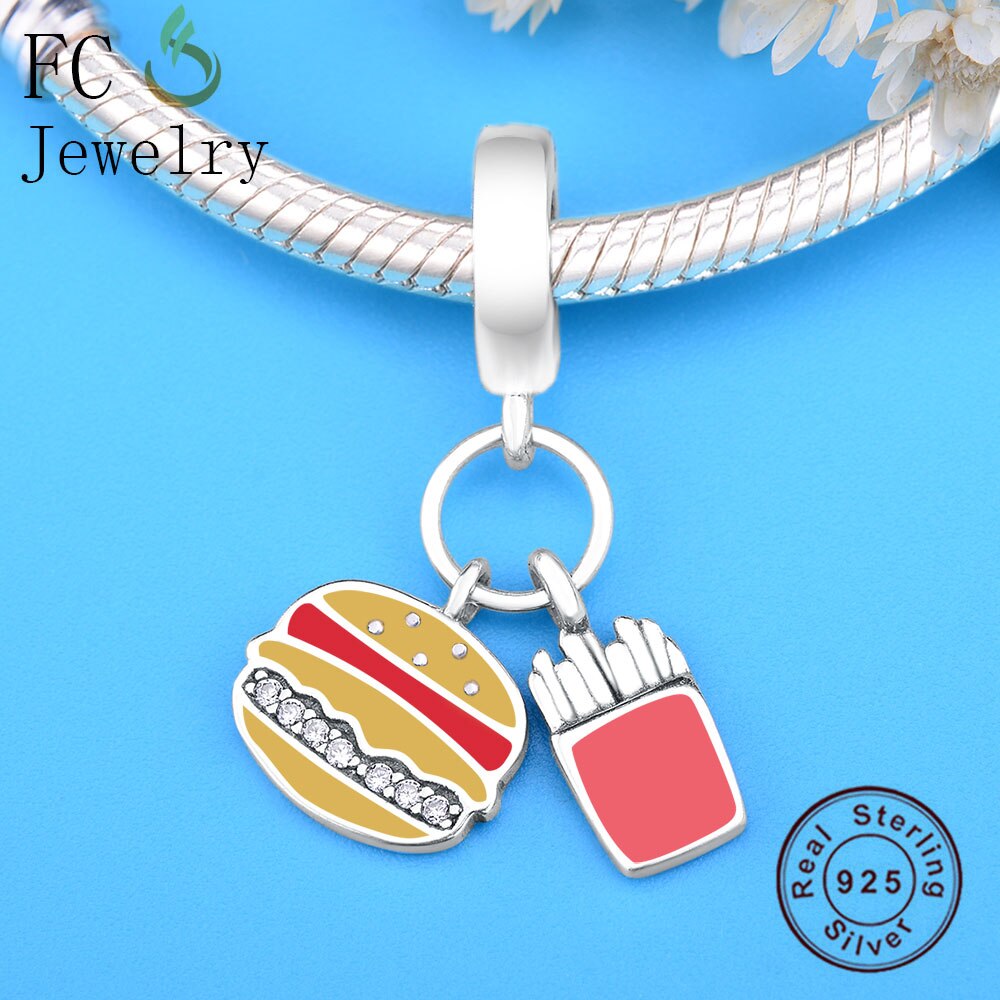 FC Schmuck passen Original Charme Armbinde 925 Sterling Silber Orange Emaille Hamburger Französisch Frites Perlen Anhänger Berloque