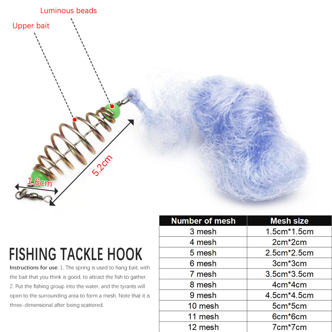 4PCS 12-Size Spring Connector Folding Fishing Nets With Luminous Beads Carp Fishing Fish Trap Fishing Tackles