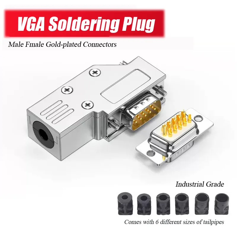 VGA Soldering Connector 3 Rows 15Pin Head Joint 90 Degree Shell Display Plugs Industrial Grade HDB15 Male Female Connectors