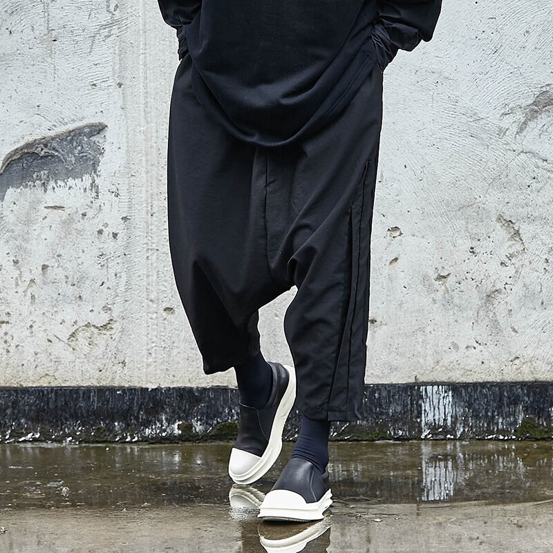Mannen Donkere Zwarte Losse Casual Laag Kruis Kruis Broek Japan Stijl Kimono Harembroek Mannelijke Streetwear Hip Hop Punk Gothic broek