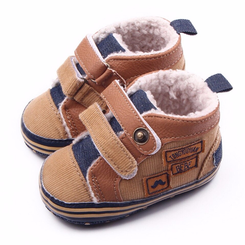 Varmt efterår vinter lærred syning pu baby sko baby første rullator toddler sko til baby drenge: Brun / 1