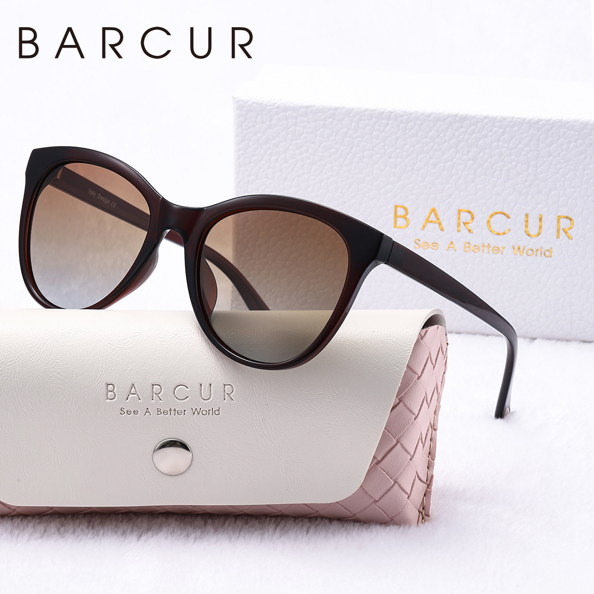 BARCUR Schöne Damen-Sonnenbrille, bequem, langlebig, transparent, PC-Katzenaugen-Rahmen, Party, Reisen, UV400, polarisierte Sonnenbrille, bestes: Brown