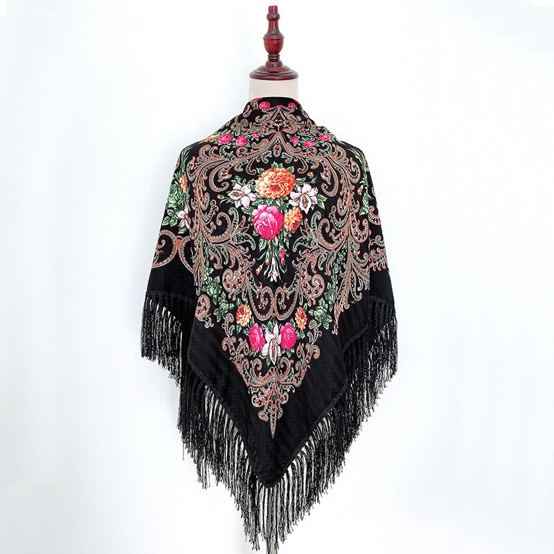 Rysk halsduk ukrainska fransade sjalar traditionella blommiga polska kvinnor hals huvud wrap vintage antik huvud hijab scarf poncho: Svart