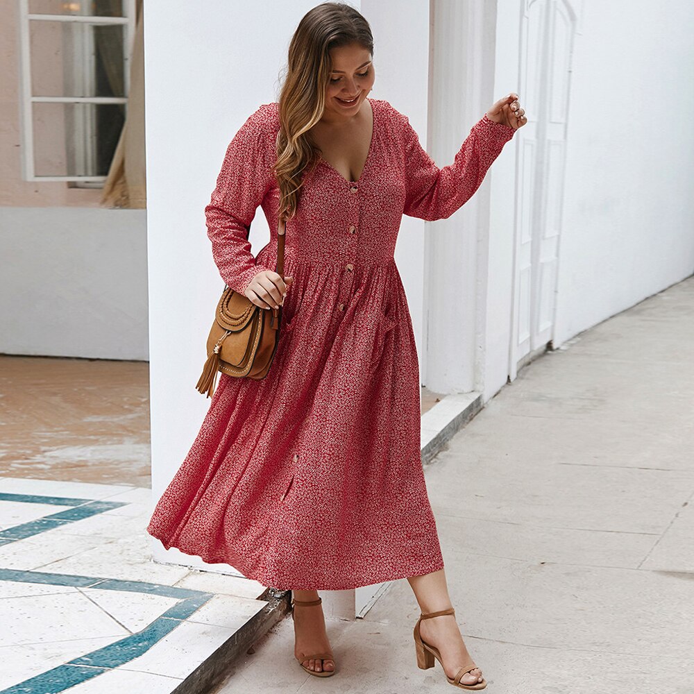 Mode Vrouwen Zomer Lange Mouw Jurk Plus Size V-hals Bloemenprint Knoppen Casual Jurk Zakken Maxi Lange Jurken